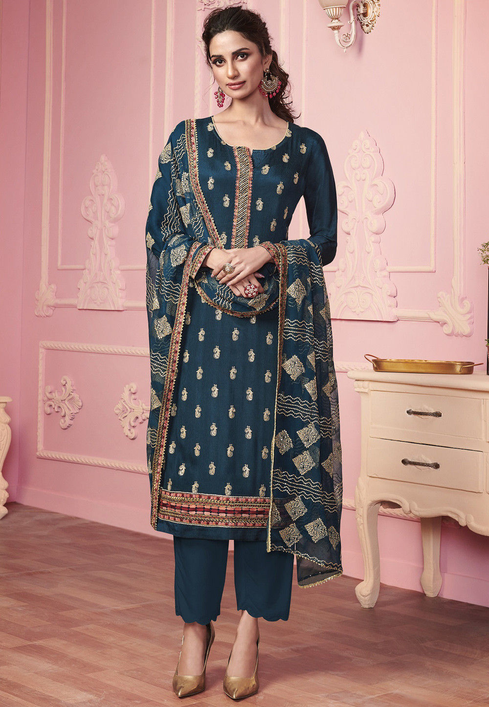 Embroidered Chinon Chiffon Pakistani Suit in Teal Blue : KCH7088