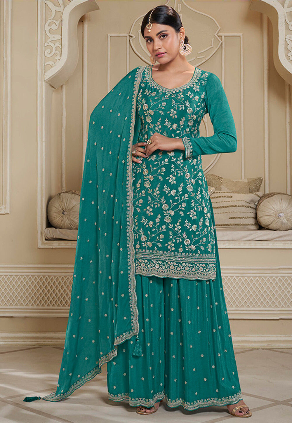 Teal Chinon Silk Plazo Suit With Kameez & Dupatta For Indian & Pakistani Wedding Festival - Dori With Thread & Sequence Embroidery Work main image 1