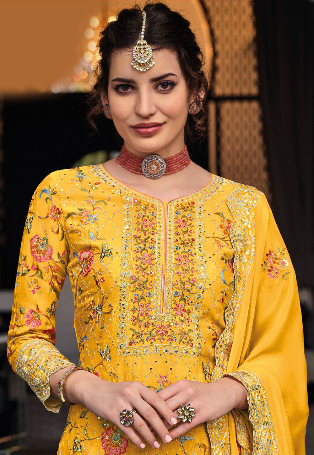 Women Yellow Chinon Un Stitched Suit Ethnic Collections