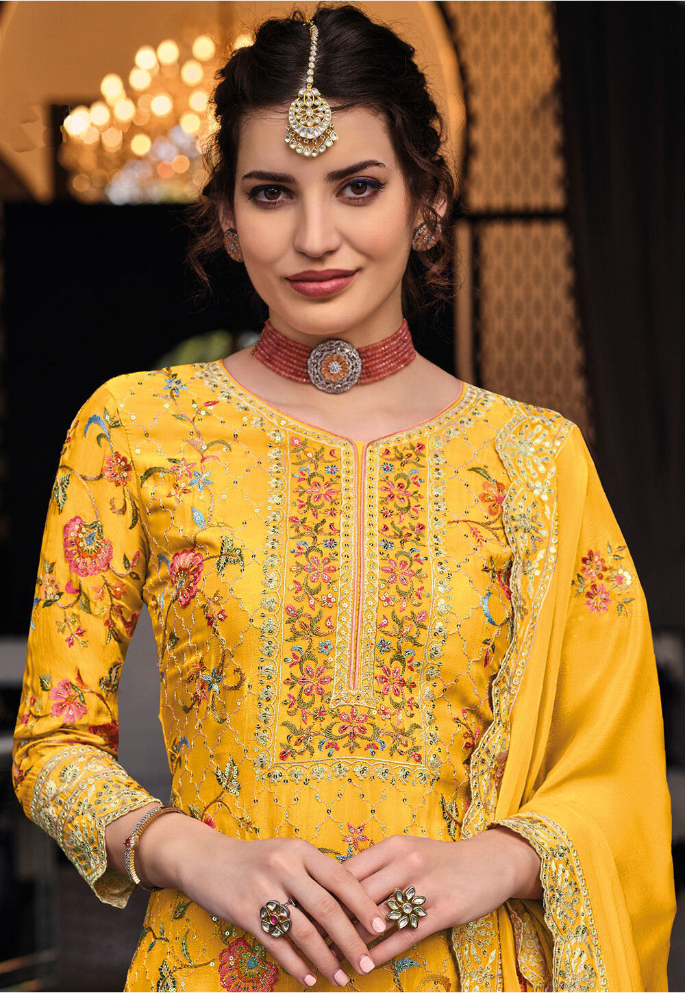 Yellow Chinon Silk Kameez With Salwar Suit For Indian & Pakistani Wedding Festival Season - Thread & Sequence Embroidery