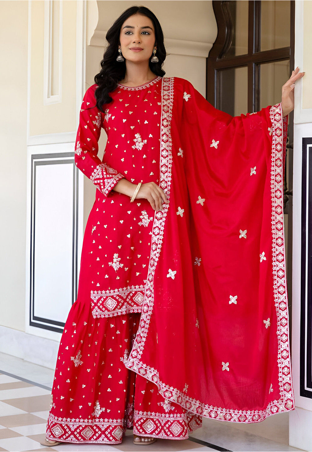 Buy Embroidered Chinon Chiffon Pakistani Suits in Red Online : KJFB84 -  Utsav Fashion