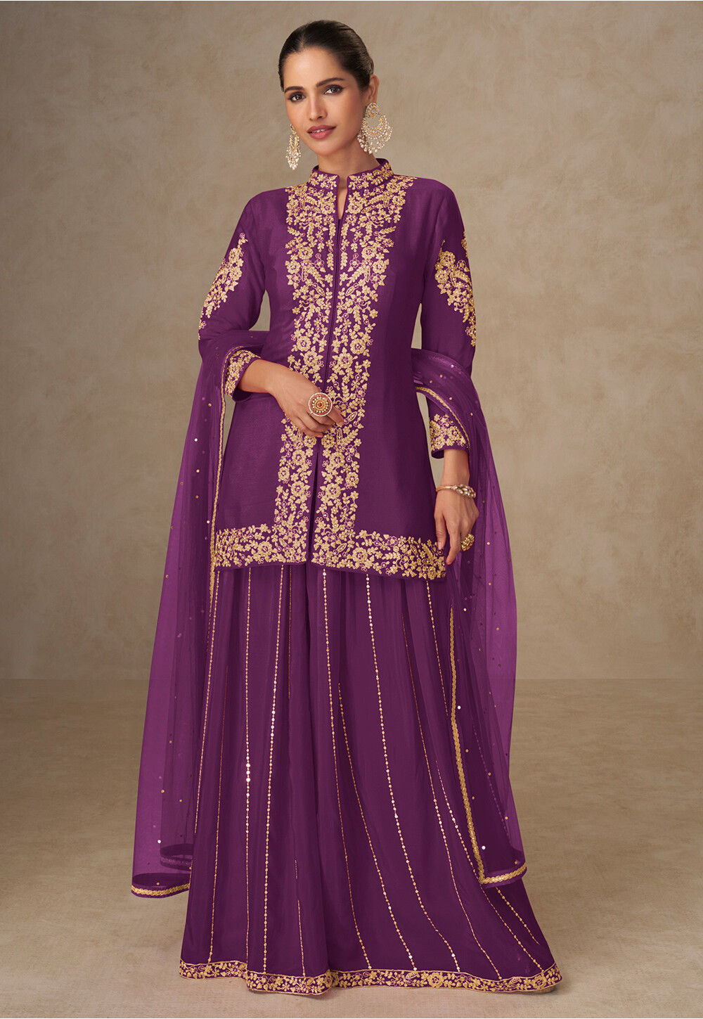 Embroidered Chinon Chiffon Palazzo Suit in Purple