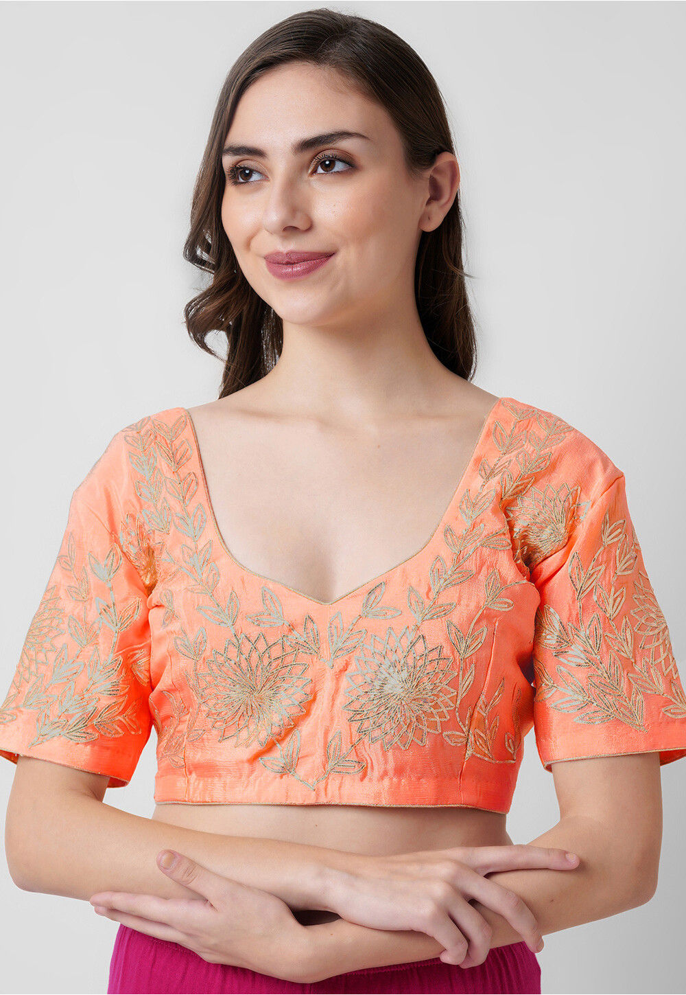 Buy Embroidered Chinon Crepe Blouse in Peach Online DBU946 Utsav