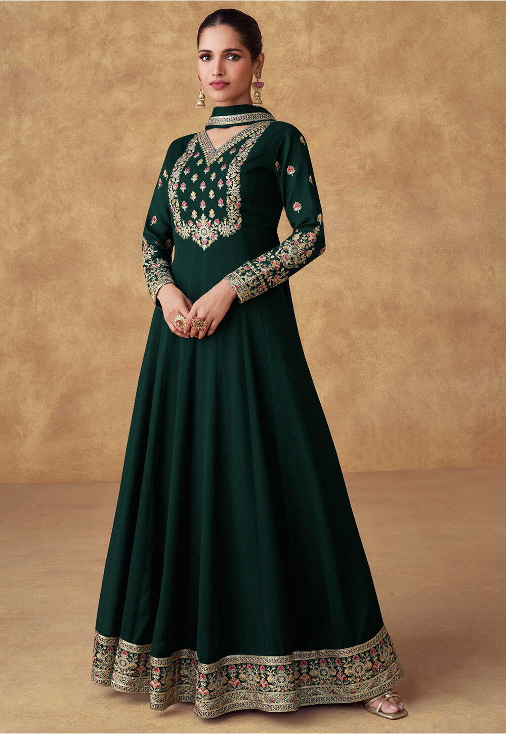 Embroidered Chinon Silk Abaya Style Suit in Dark Green Green