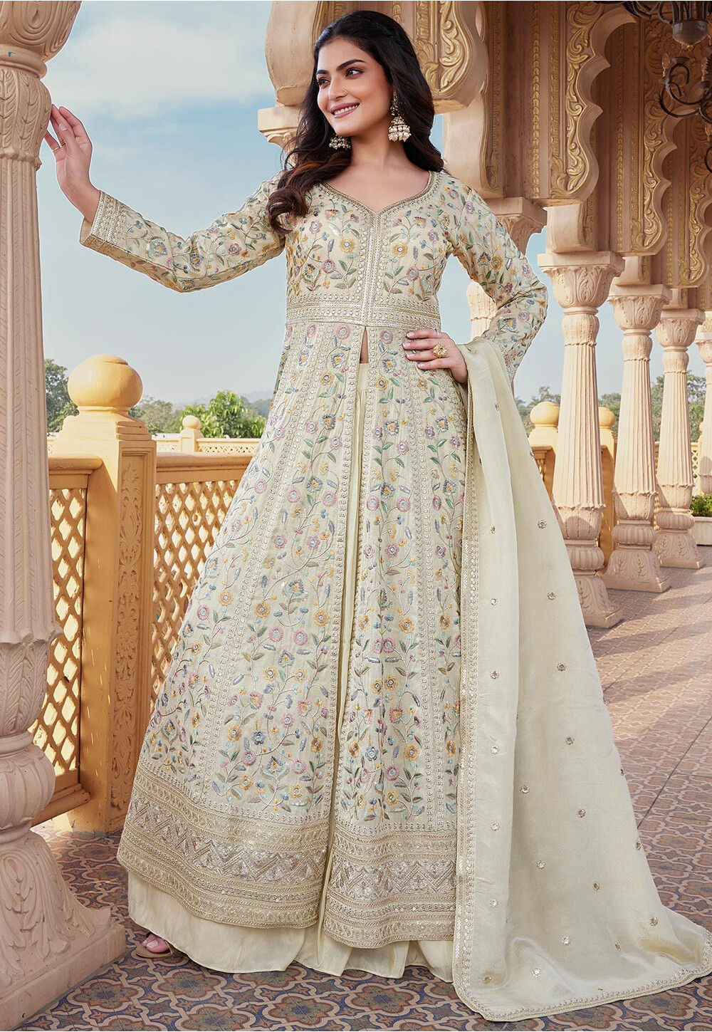 Embroidered Chinon Silk Abaya Style Suit in Off White Salwar Kameez