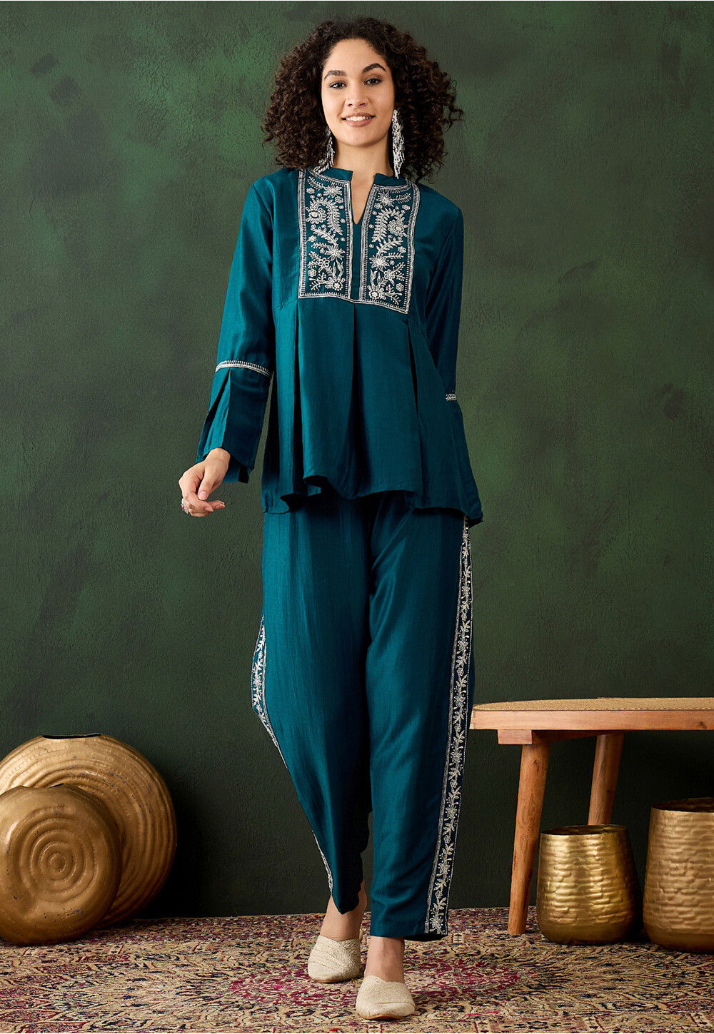 Buy Embroidered Chinon Silk Co Ord Set in Teal Blue Online : TKB699 ...
