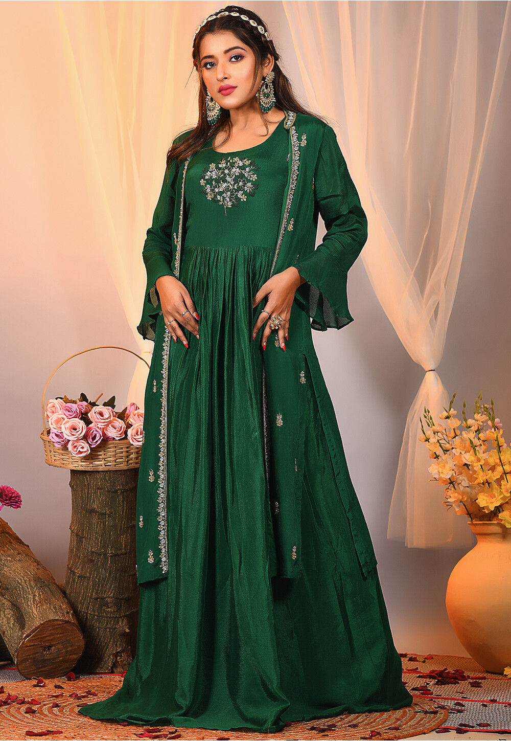 Buy Ethnovog Ready To Wear Green Cotton Embroidered Jacket Style Gown (Set  of 2) online