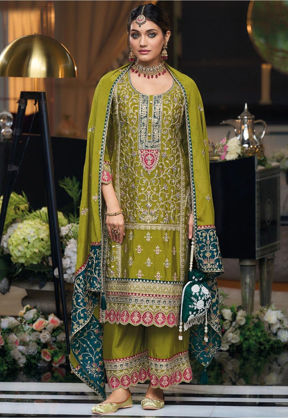Green Digital Printed Chinnon Pakistani Style Suit
