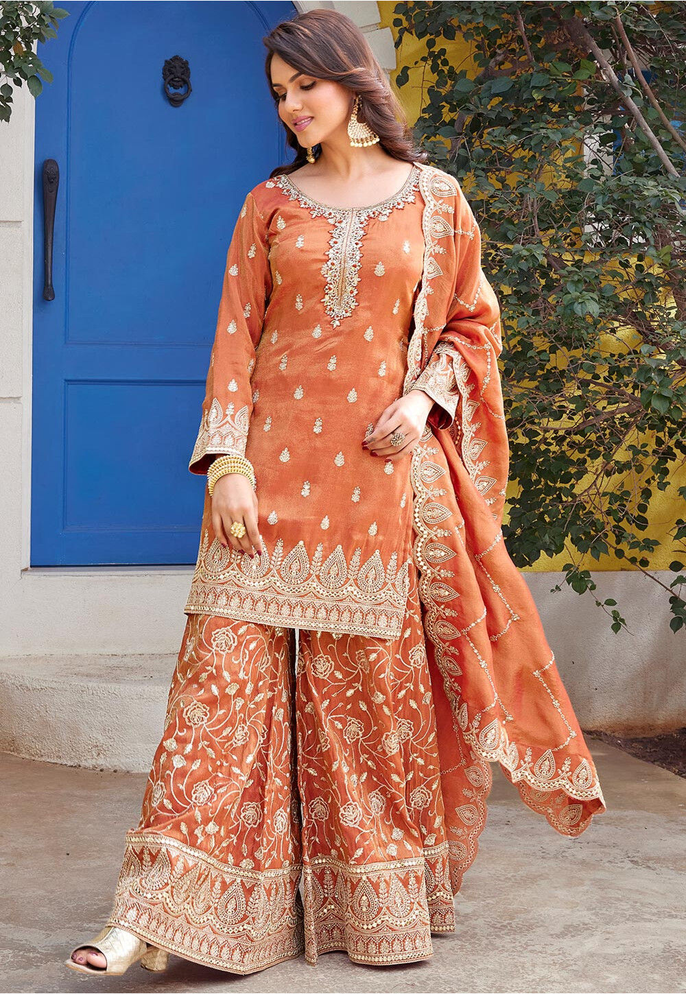 Vibrant Orange Chinon Heavy Embroidered Farshi Salwar Suit with Beautiful Duppata main image 0