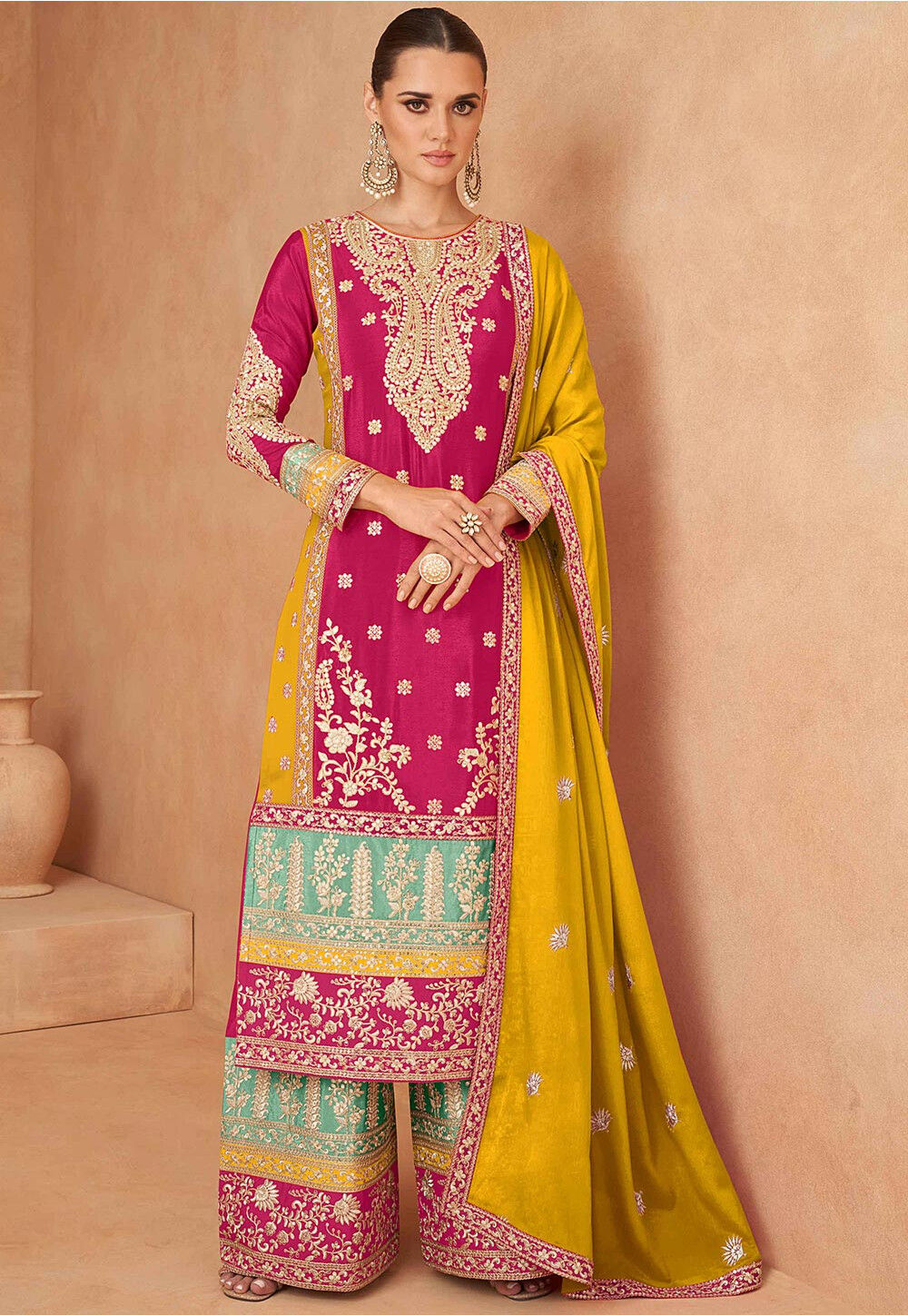 Pink Chinon Silk Plazo Suit With Kameez & Dupatta For Indian & Pakistani Wedding Festival - Thread & Sequence Embroidery Work main image 1