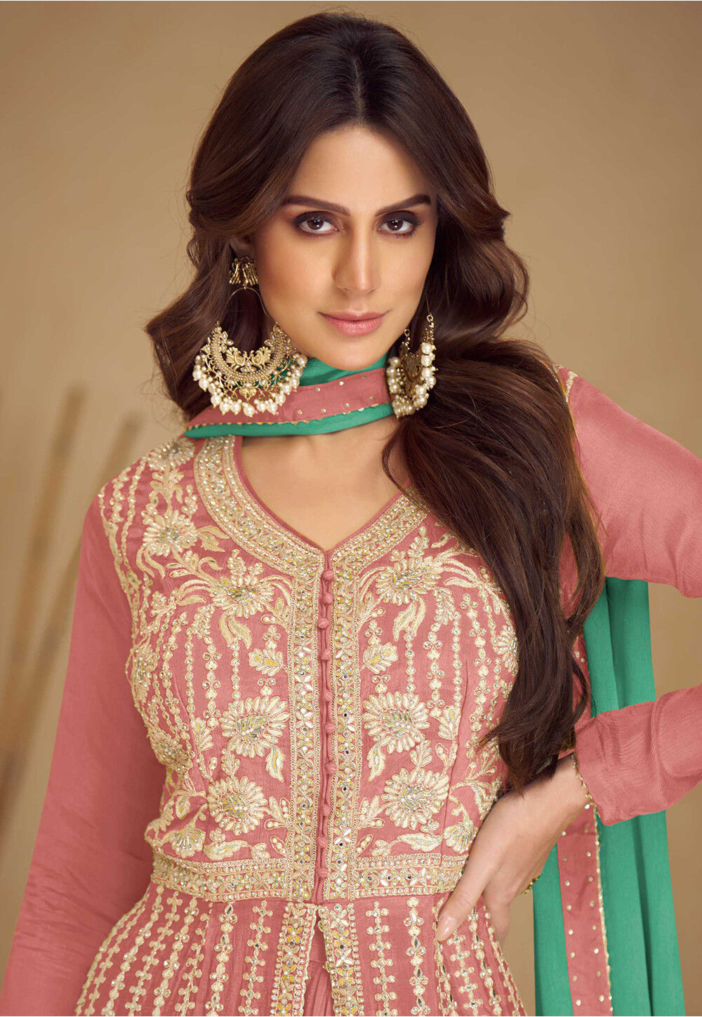 Rose Pink Chinon Silk Salwar Suit With Kameez & Dupatta For Indian & Pakistani Wedding Festival - Dori With Thread & Sequence Embroidery Work main image 1