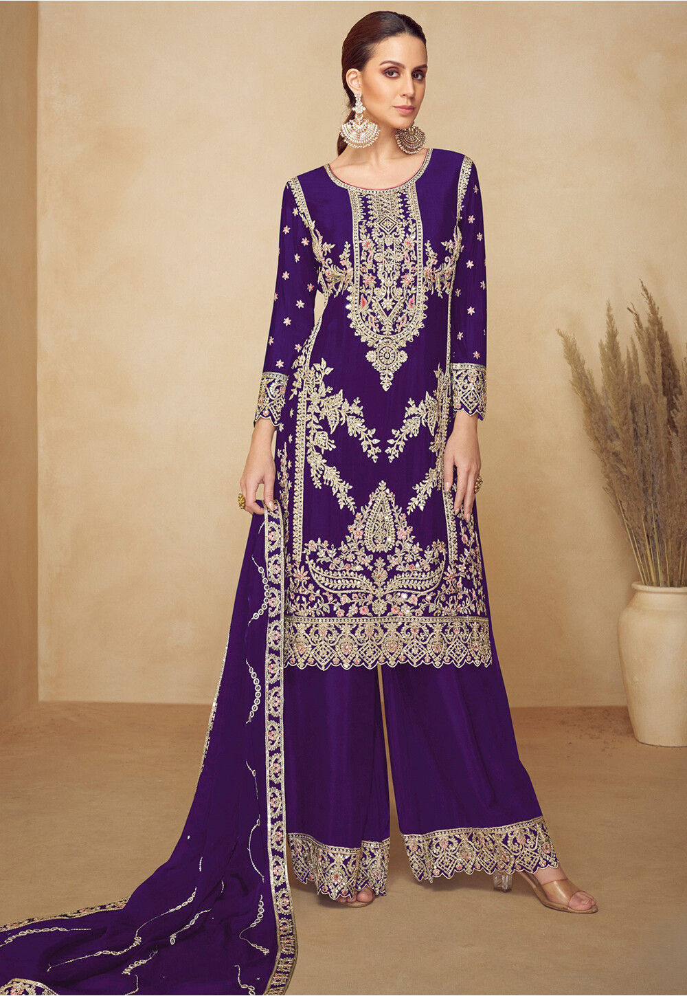 Embroidered Chinon Silk Pakistani Suit in Purple