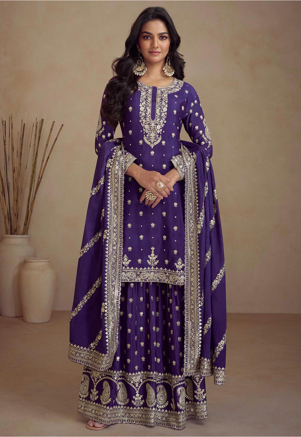 PURPLE AND PINK PREMIUM CHINON SILK KURTI WITH FLARED SKIRT and HEAVY DUPATTA main image 0