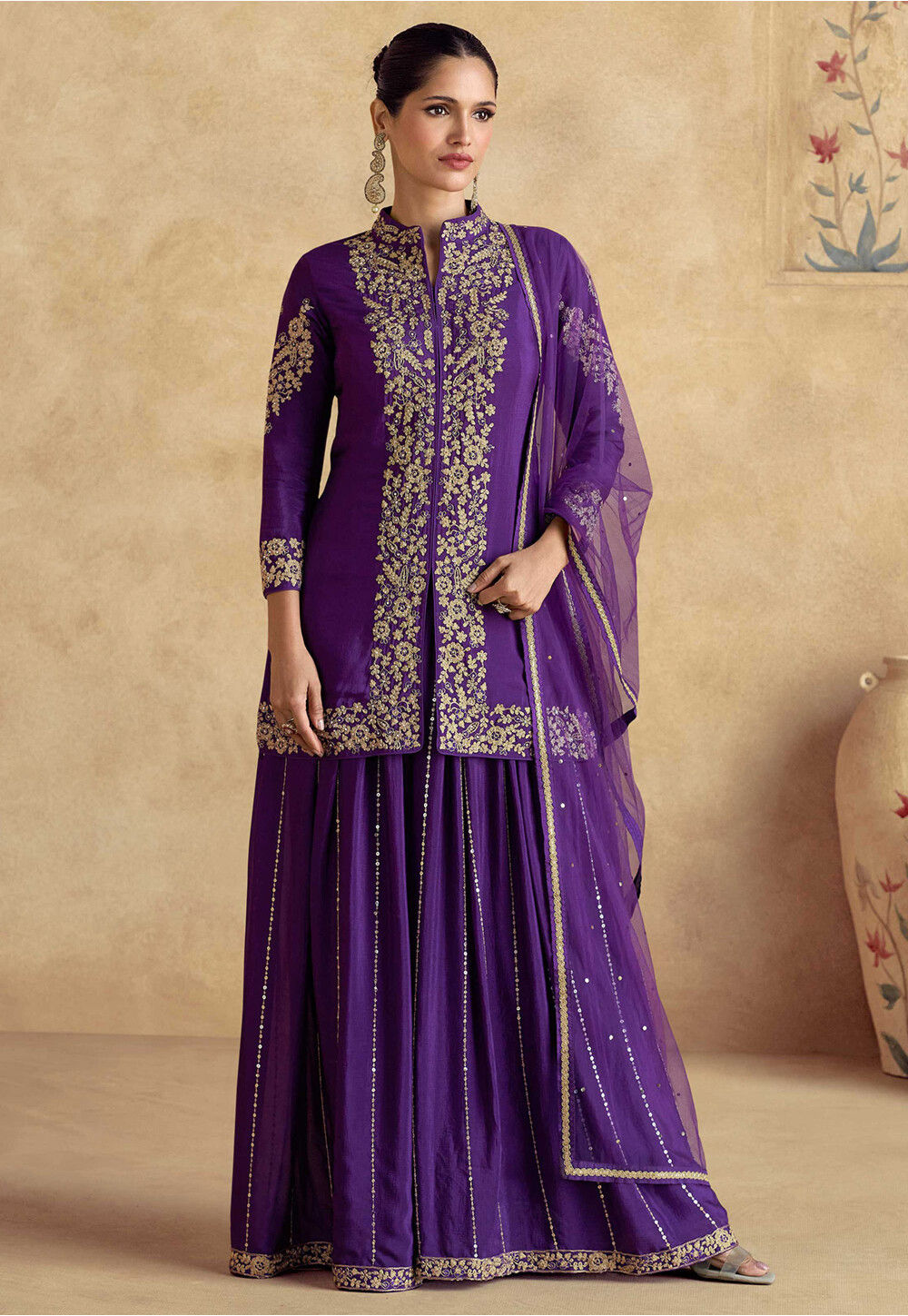 Purple Chinon Silk Plazo Suit For Indian & Pakistani Wedding Festival - Thread & Sequence Embroidery main image 1