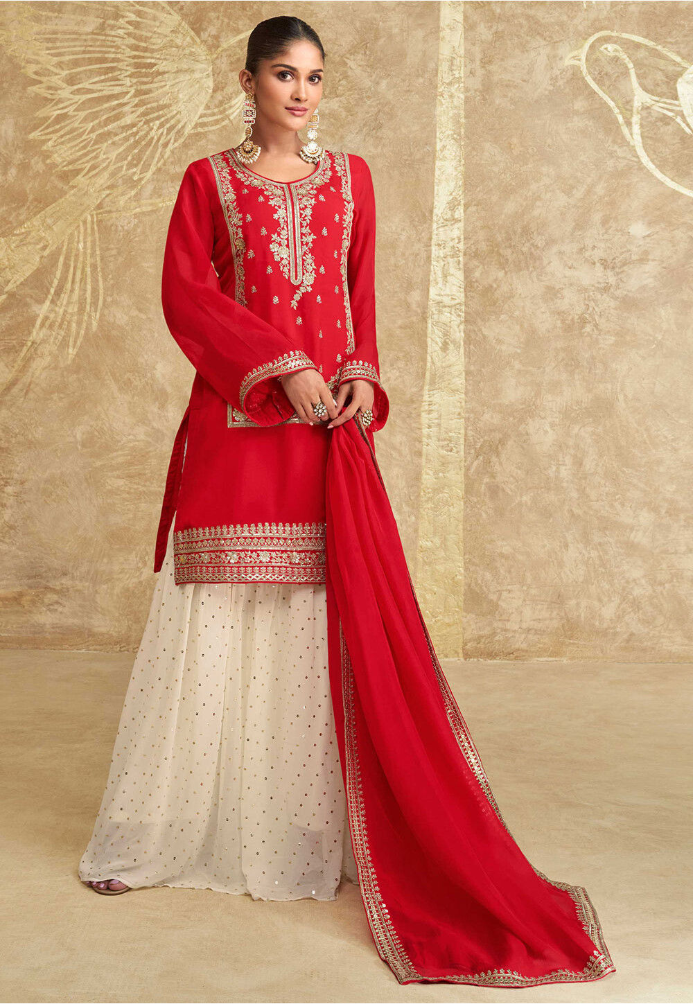 Traditional Look Bright Red Chinon Silk Punjabi Style Suit main image 1