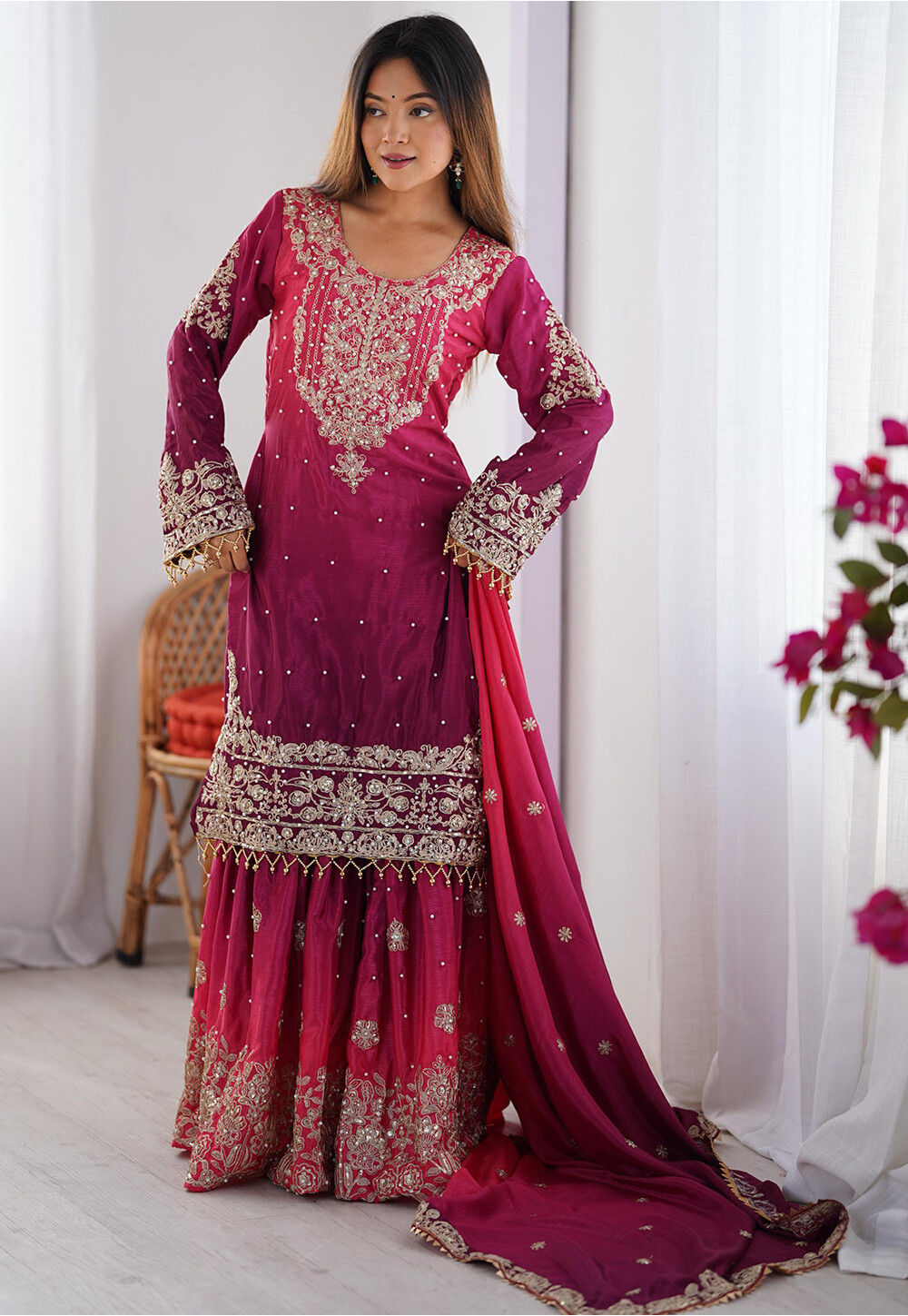 Chinon Silk  Embroidered Purple Pakistani Suit Set main image 0