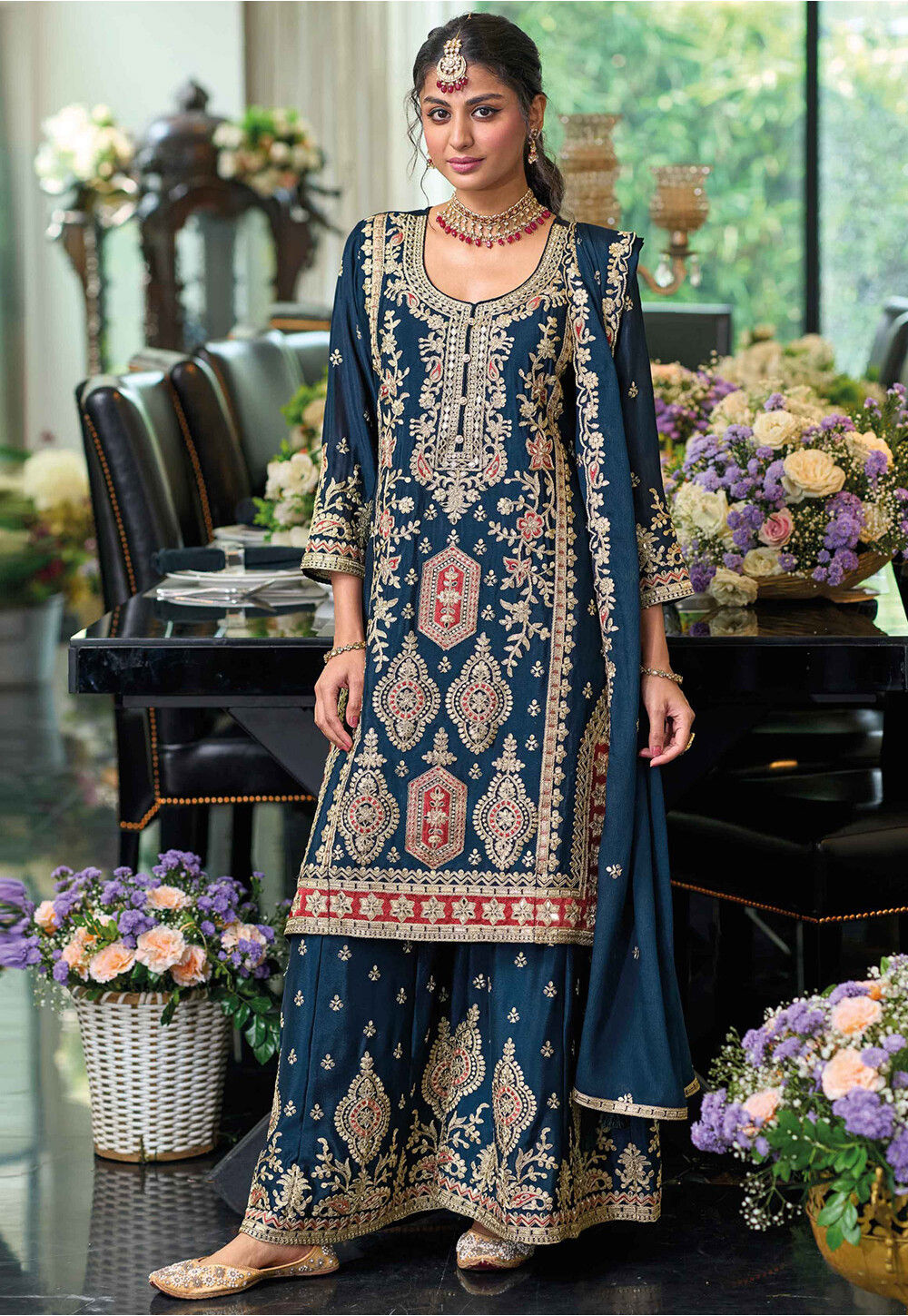 Teal Chinon Silk Anarkali Suit With Bottom & Dupatta For Indian & Pakistani Wedding Festival - Thread & Sequence Embroidery Work
