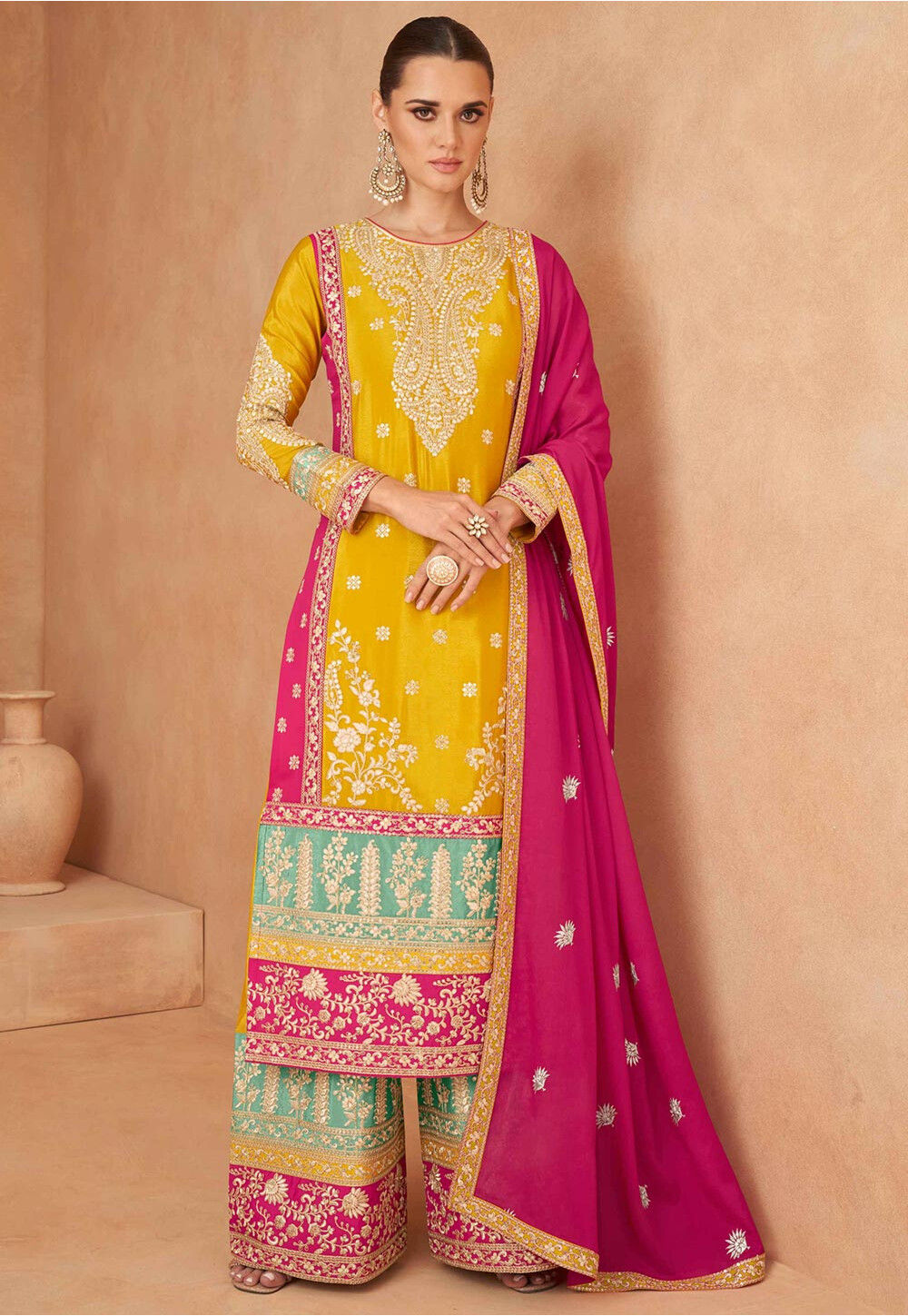 Buy Embroidered Chinon Silk Pakistani Suit in Yellow and Pink Online KCH12823 Utsav Fashion