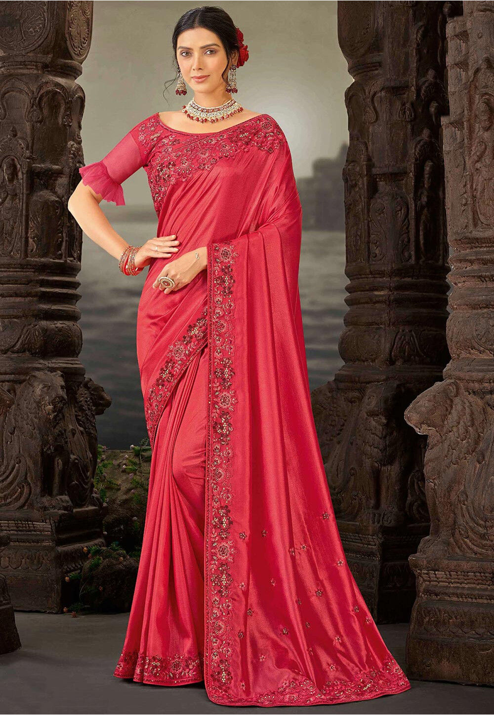 Buy Embroidered Chinon Silk Saree in Pink Online : SYC11419 - Utsav Fashion