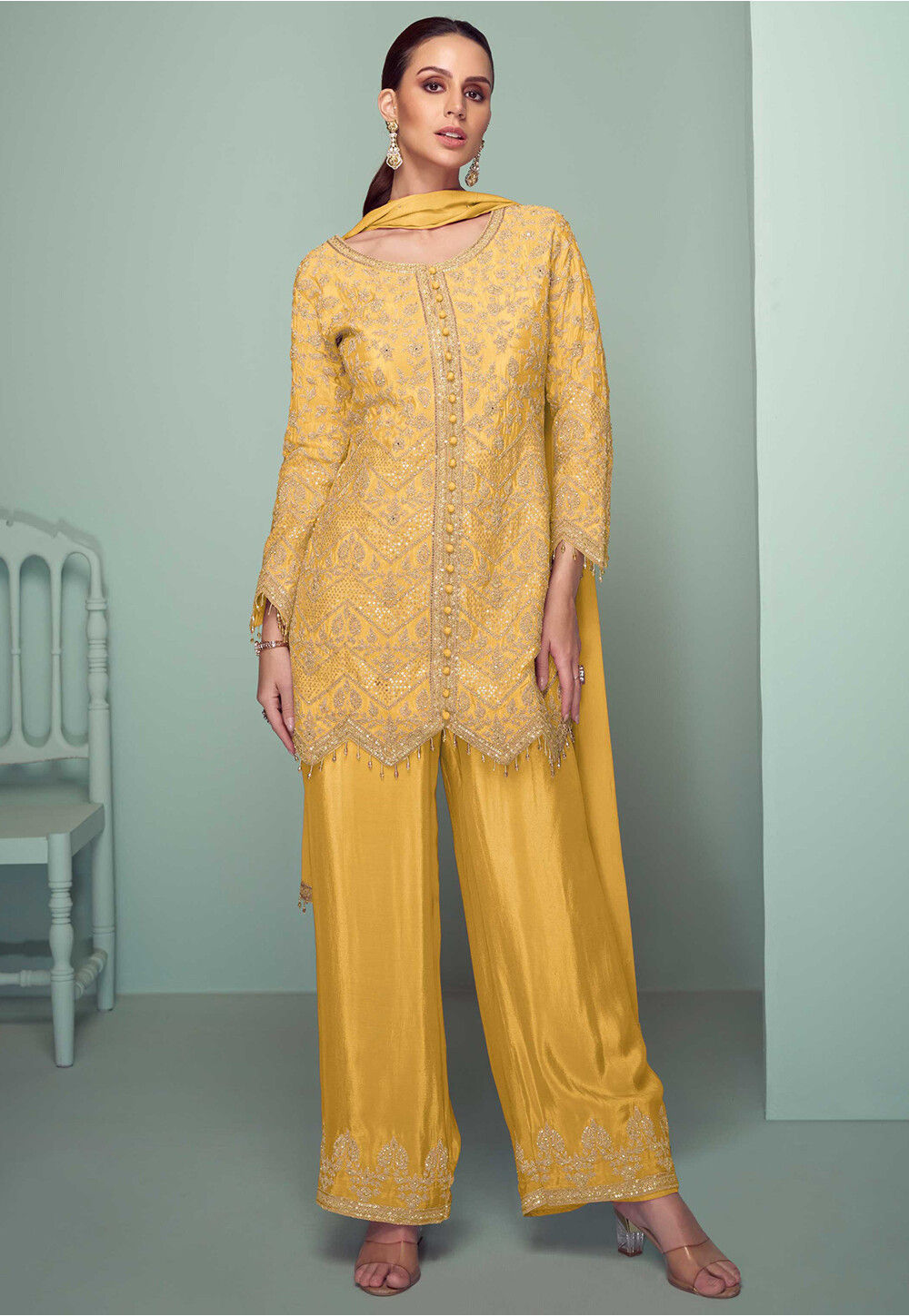 Yellow & Multicolored Chinon c-cut Party wear A-line Suit