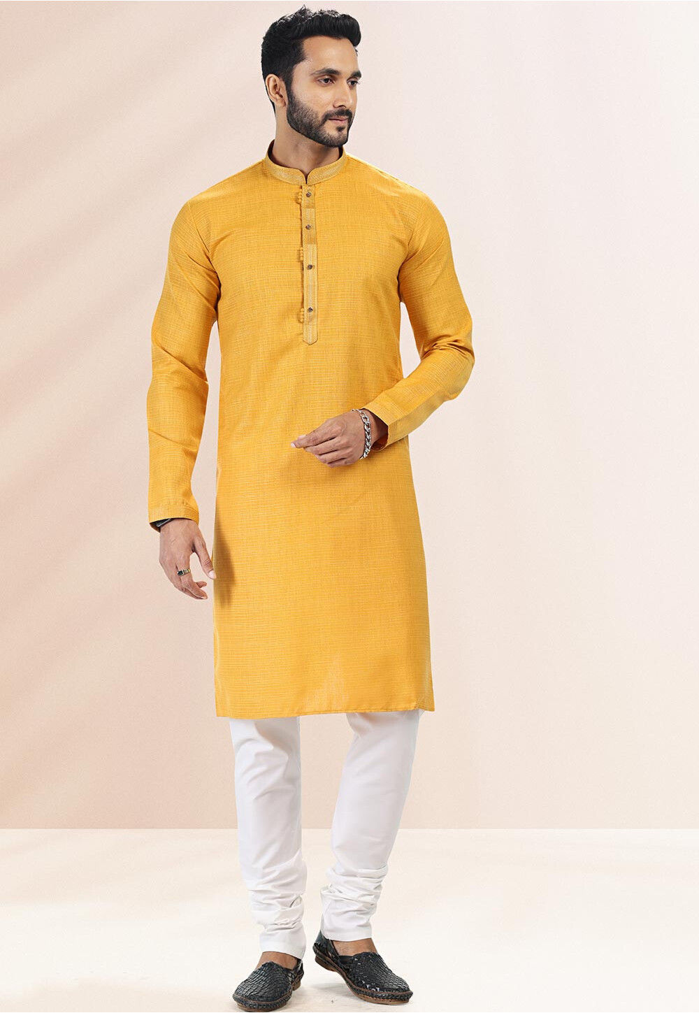 Embroidered Collar Linen Cotton Kurta Set in Yellow MLY875