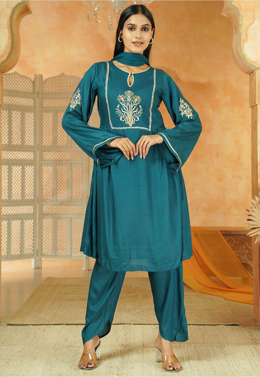 Navy Blue Pure Cotton A-line Plazo Suit with Beautiful Embroidery Work on neck main image 1