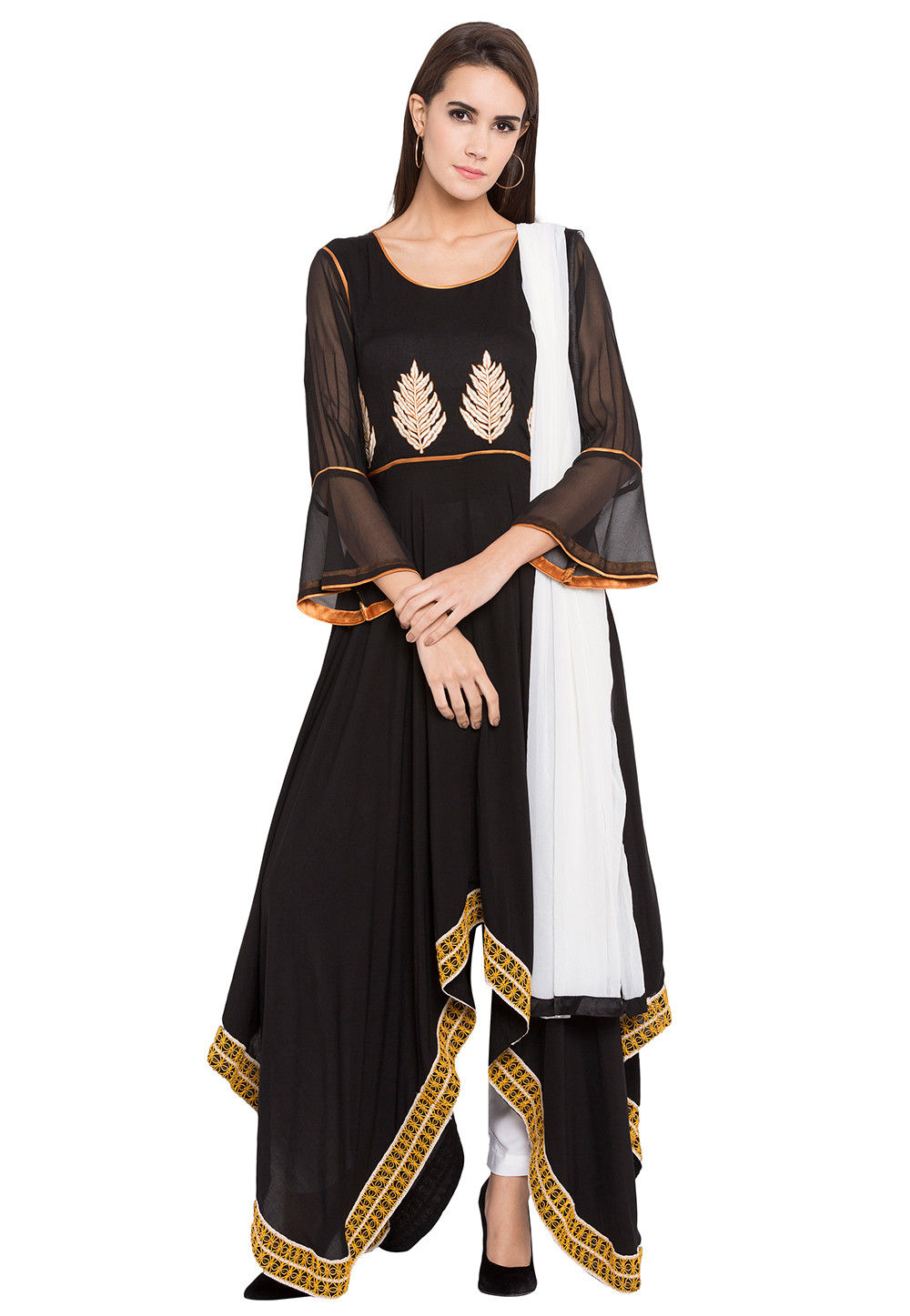 Buy Embroidered Cotton Asymmetic Suit in Black Online : KNF509 - Utsav ...