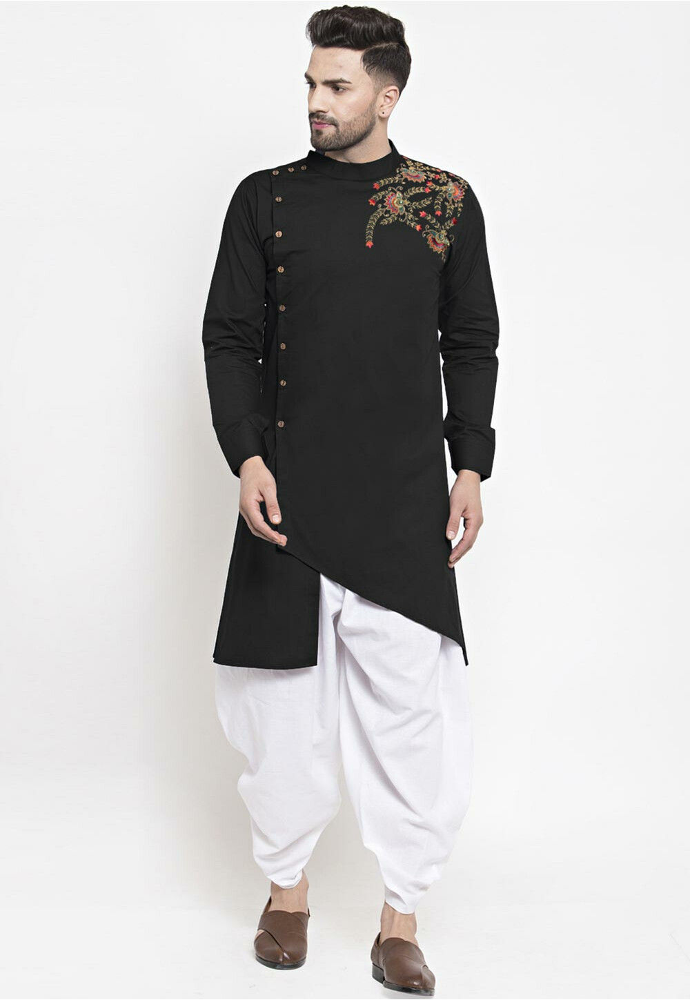 Embroidered Cotton Asymmetric Dhoti Kurta in Black MVE2414