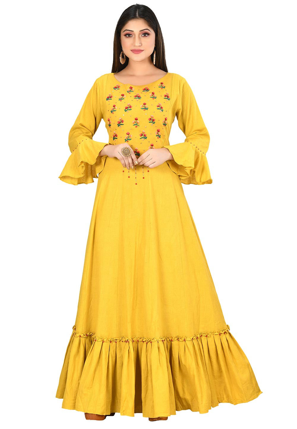 Buy Embroidered Cotton Flex Ruffled Hemline Gown in Yellow Online ...
