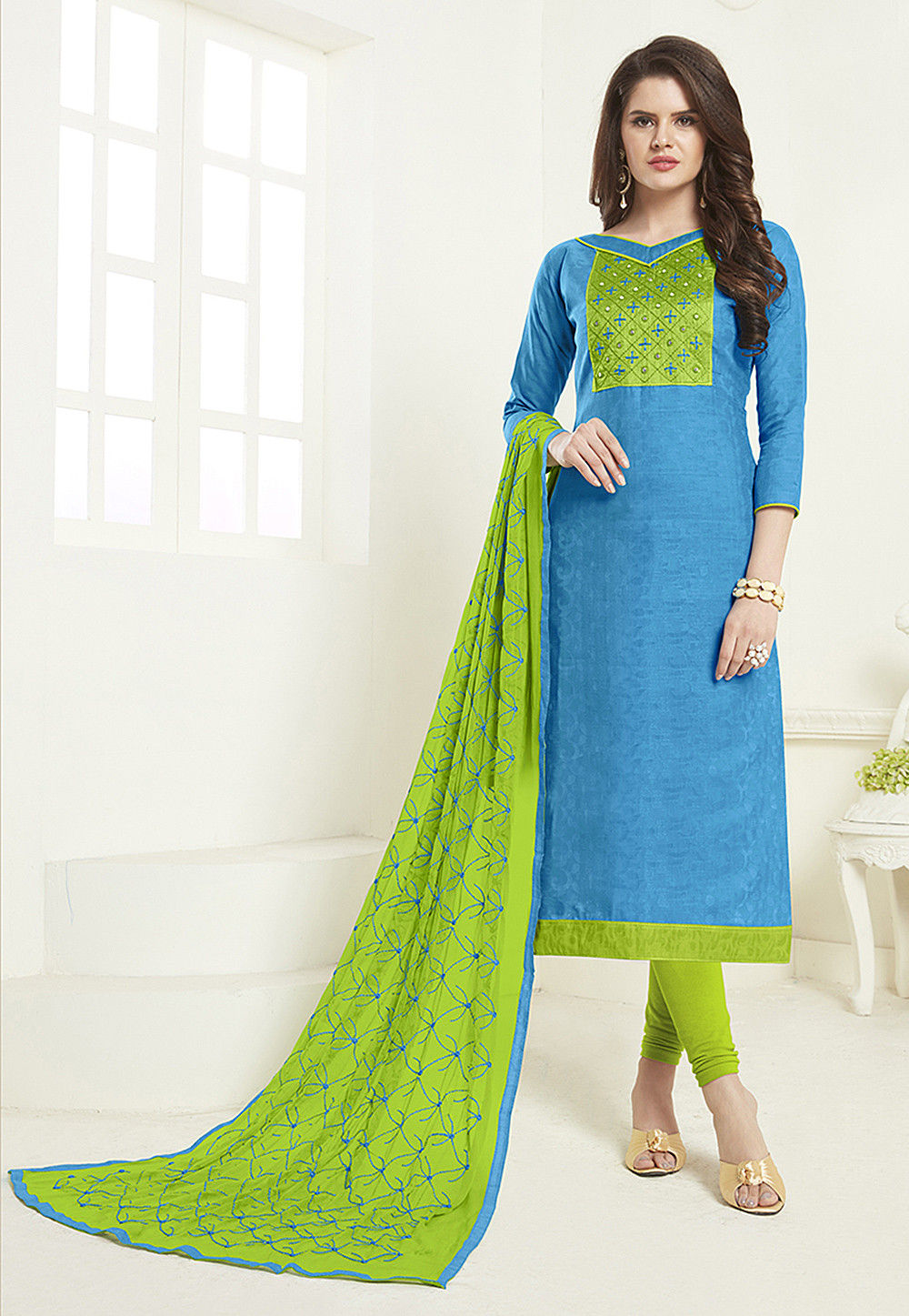 Embroidered Cotton Jacquard Straight Suit in Blue : KYE1368