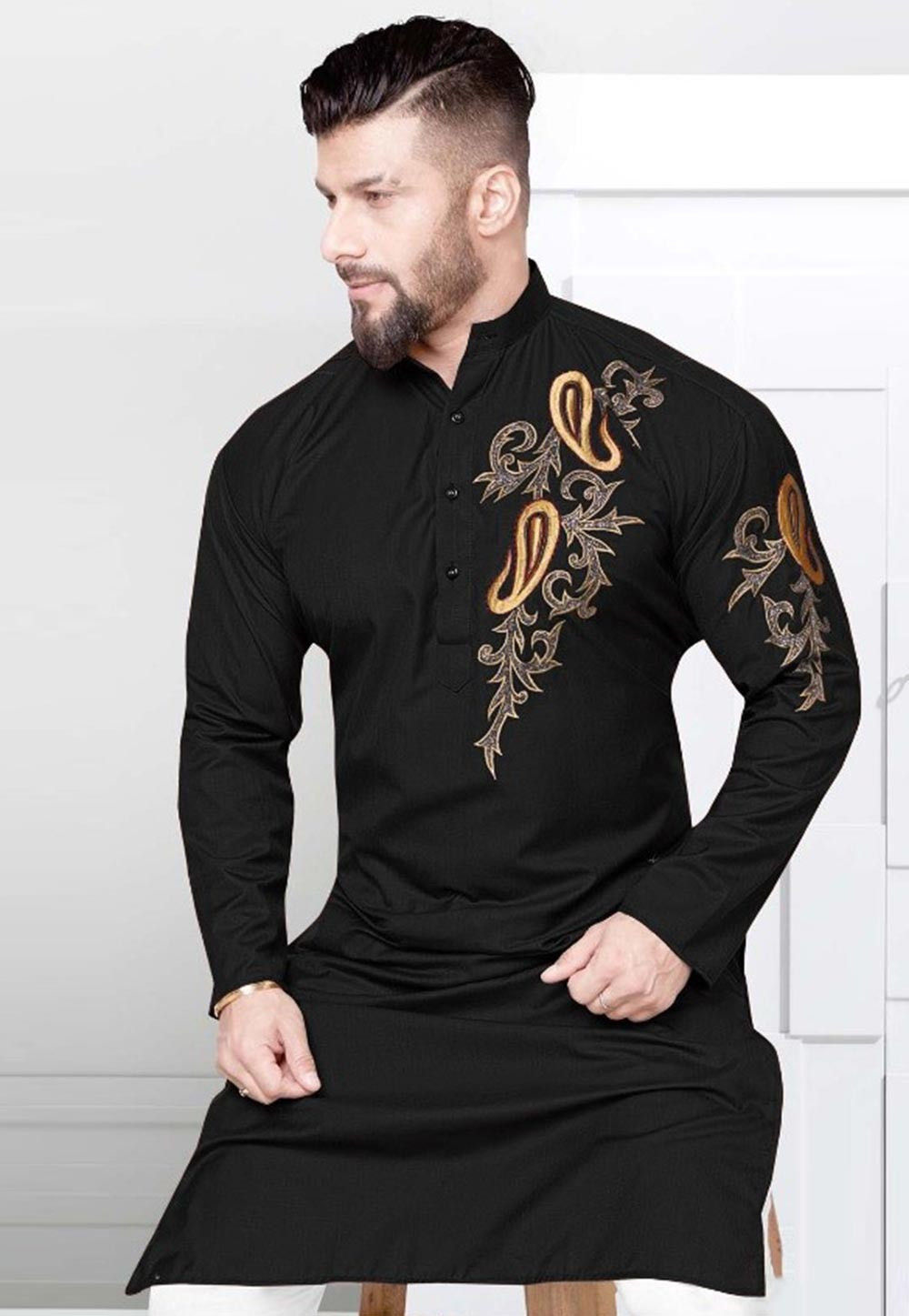 Men Kurta Indian Handmade Long Sleeve Black Bollywood Shirt 100% Cotton 