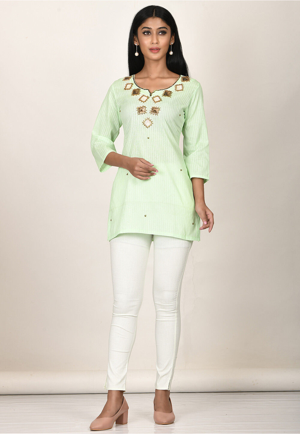 Buy Embroidered Cotton Kurti in Light Green Online TUF1442 Utsav