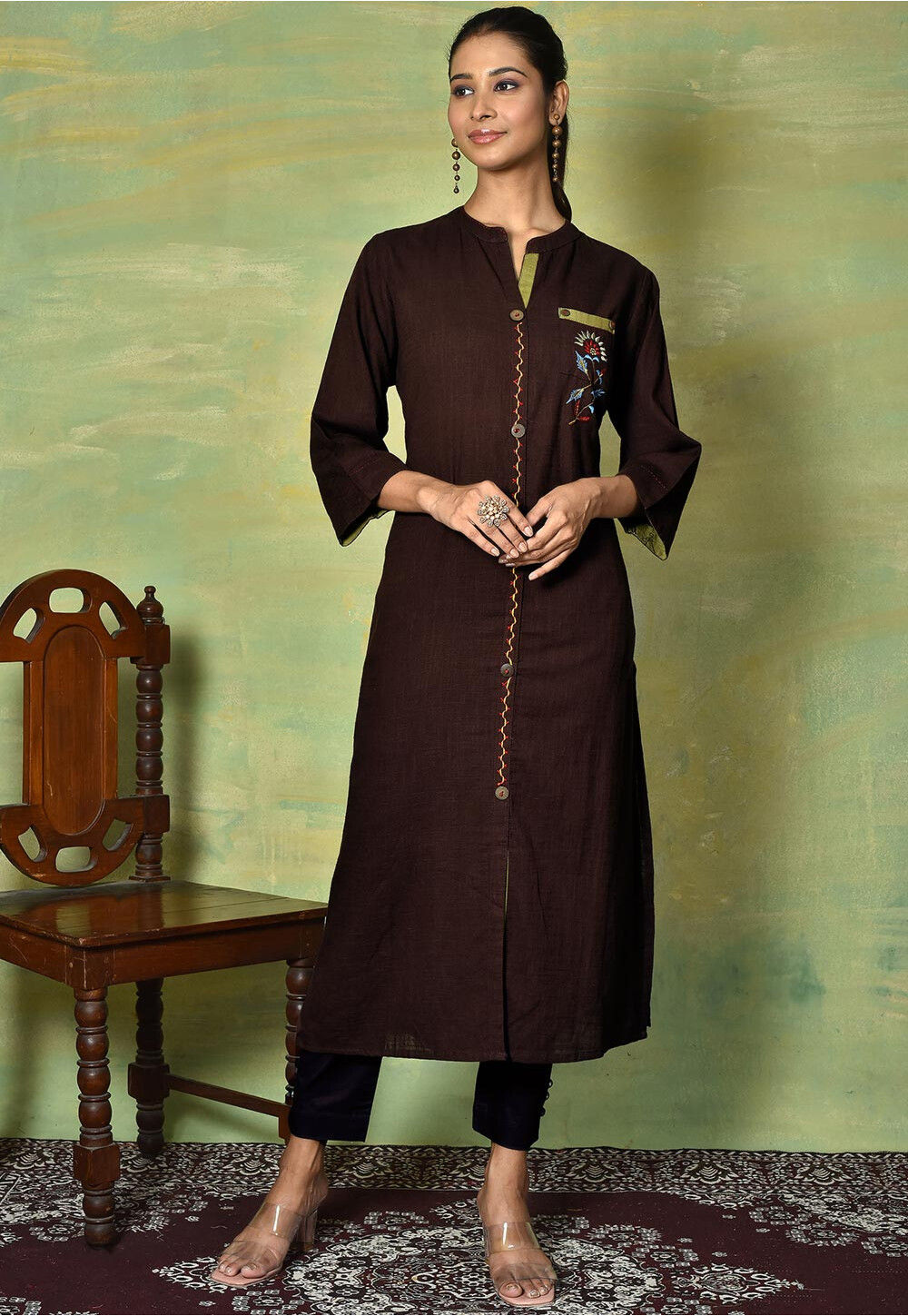 Buy Embroidered Cotton Linen Pakistani Suit in Brown Online KBX141
