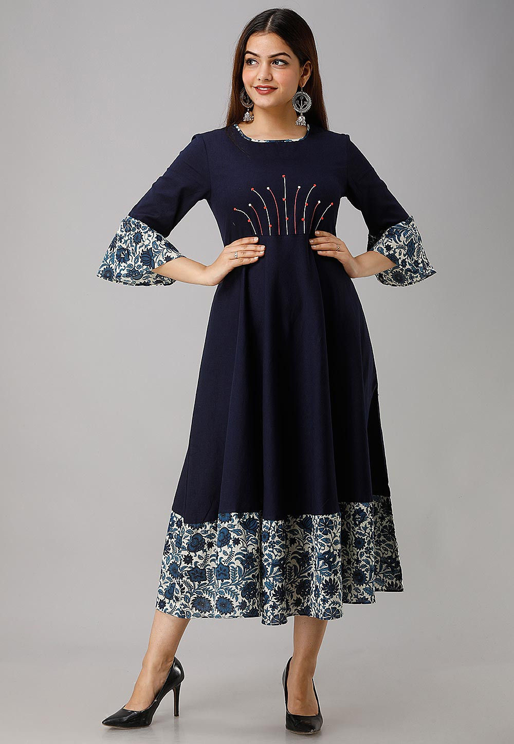 Embroidered Cotton Midi Dress in Navy Blue : TUH55