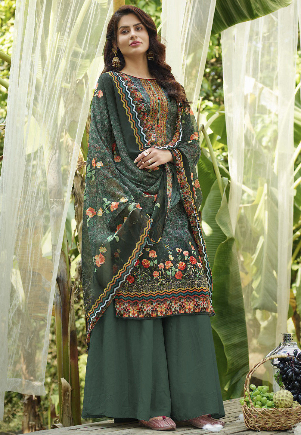 Embroidered Cotton Pakistani Suit in Dark Teal Green : KCH6189