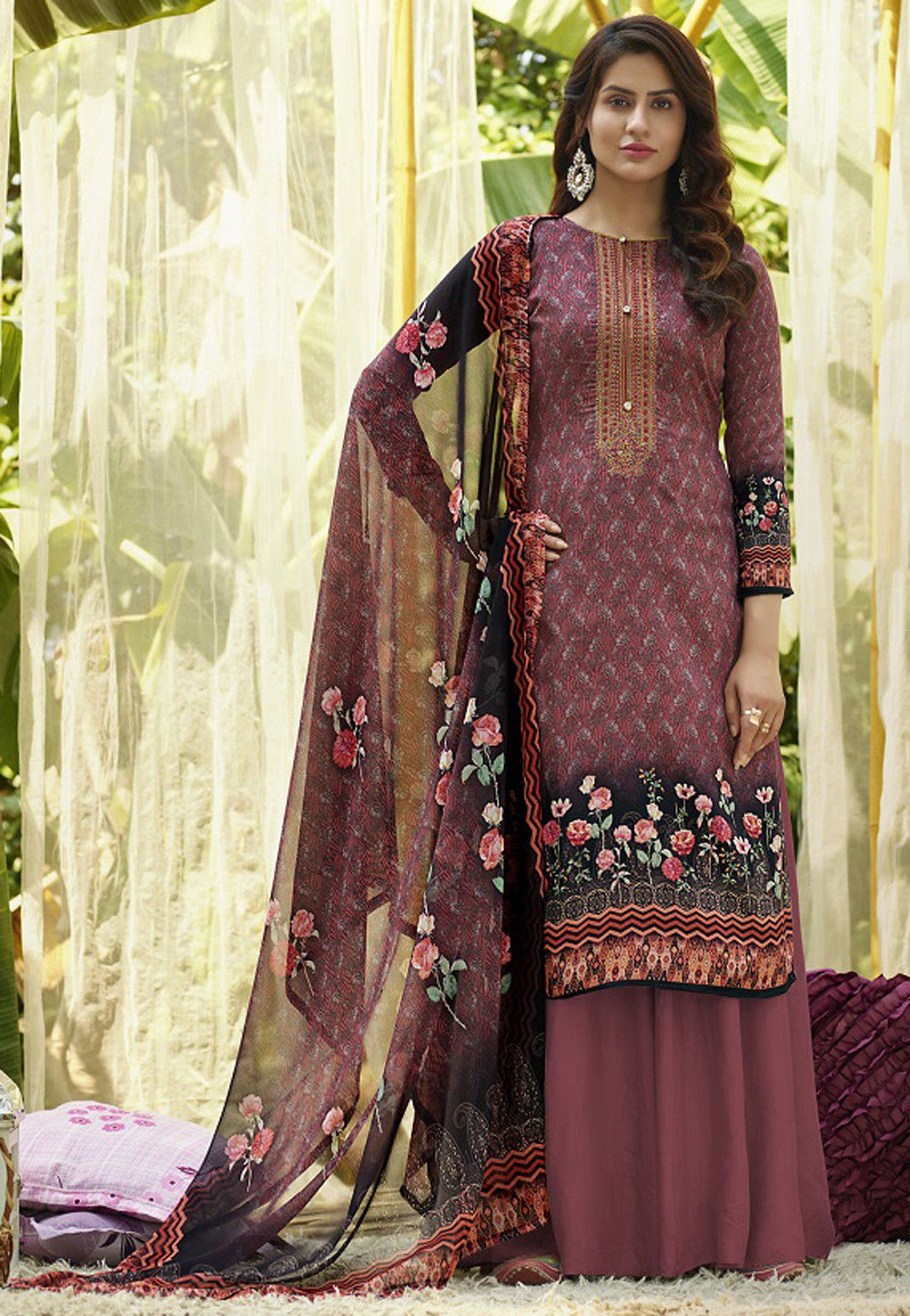Embroidered Cotton Pakistani Suit in Old Rose : KCH6188