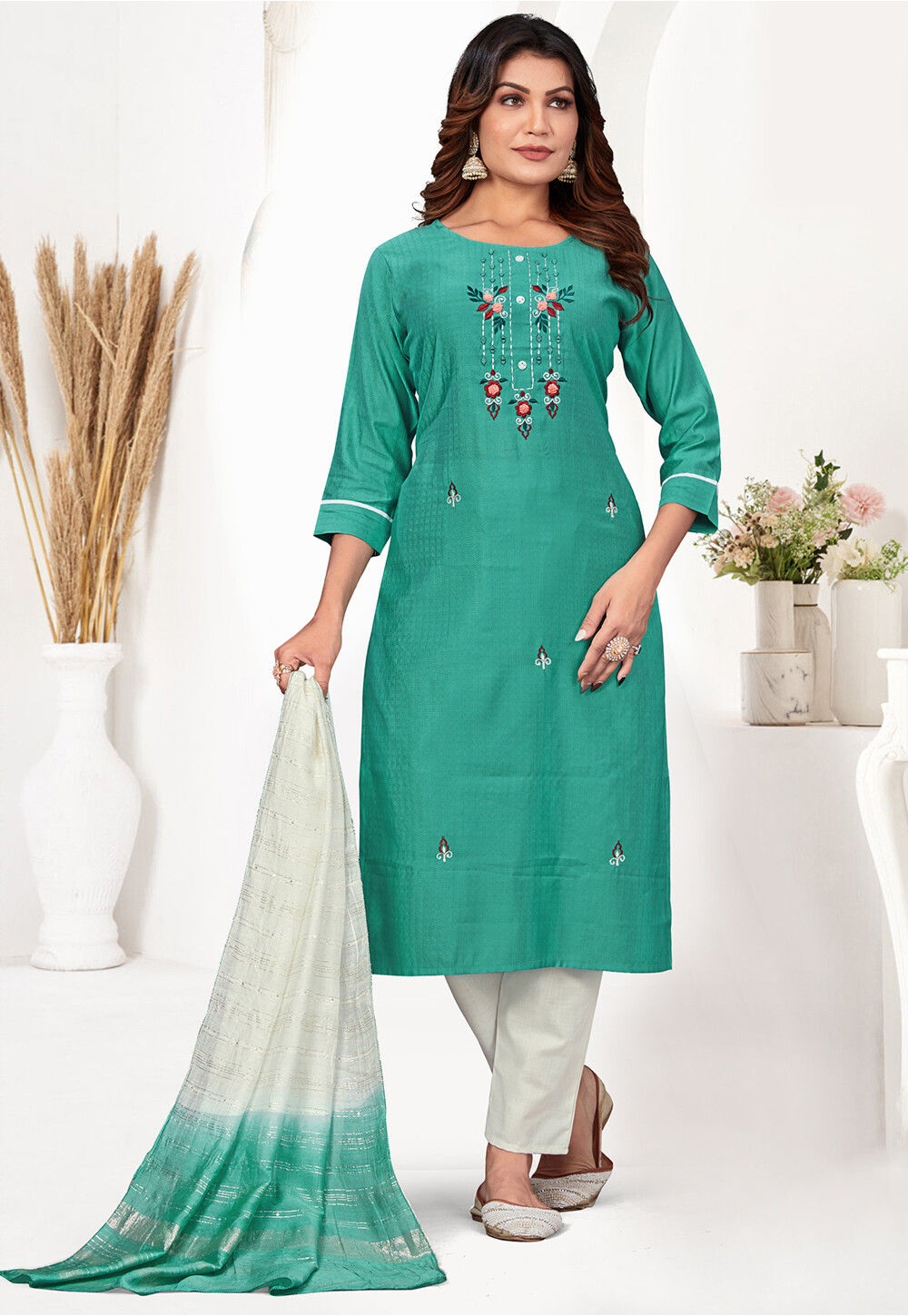Sequins Embroidered Green Pakistani Style Suit