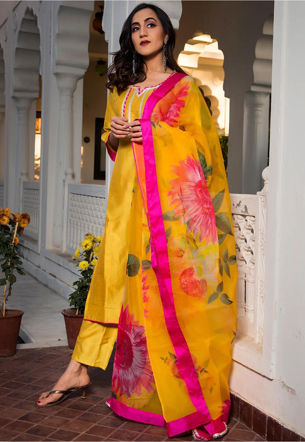 Yellow Traditional Readymade Pakistani Pant Suit With Sequence Embroidery Work