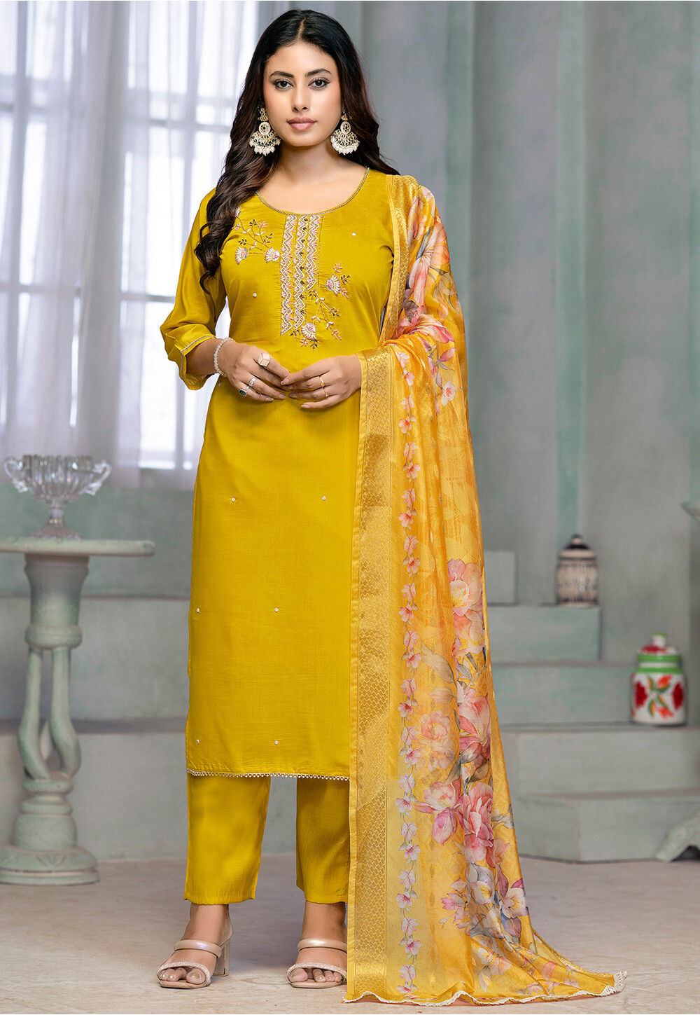 Pakistani Style Yellow Embroidered Pant Style Suit