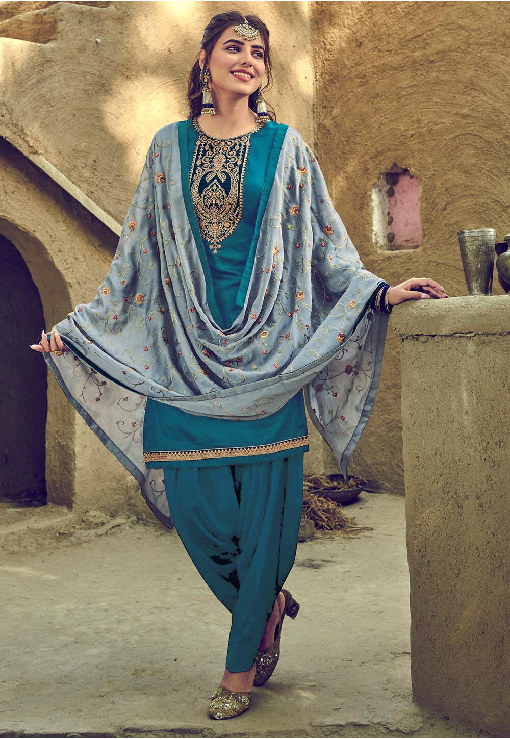 Faux Georgette Embroidery Anarakali Suit In Teal Blue Colour - SM5415934