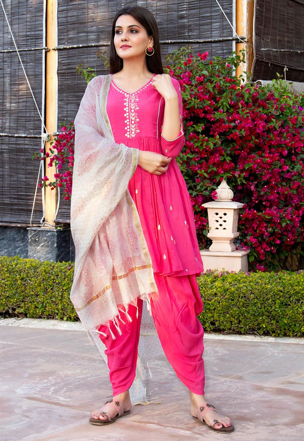 Embroidered Cotton Punjabi Suit in Fuchsia : KMQS103