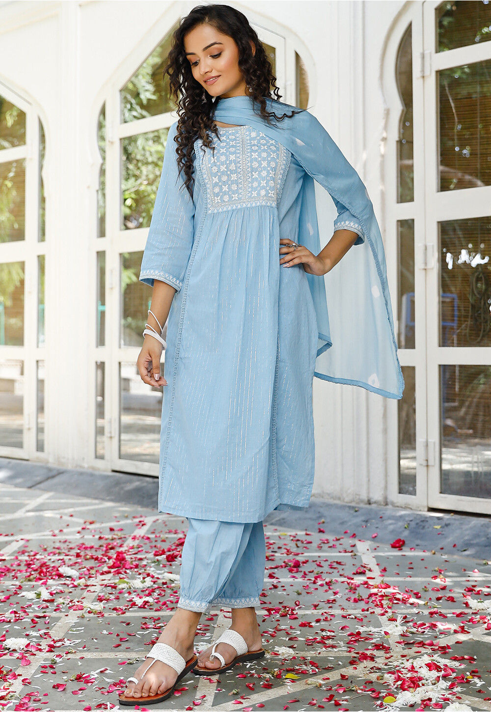 embroidered cotton punjabi suit in sky blue v1 kmm212