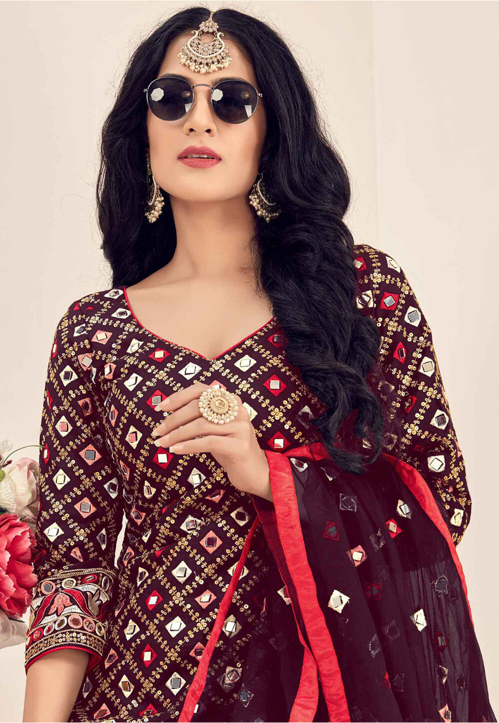 Embroidered Cotton Punjabi Suit In Wine Kch9311