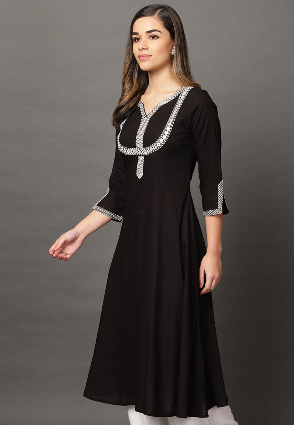 Embroidered Cotton Rayon A Line Kurta in Black : TVE622
