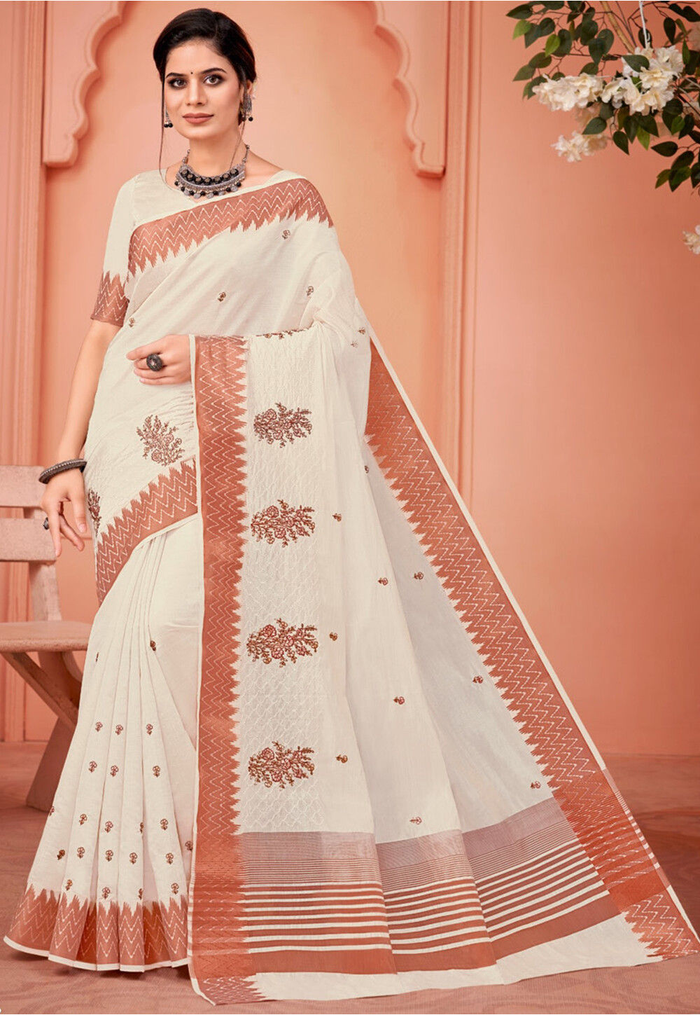 Pure Satin Embroidery Saree In Off White Colour - SR1542861