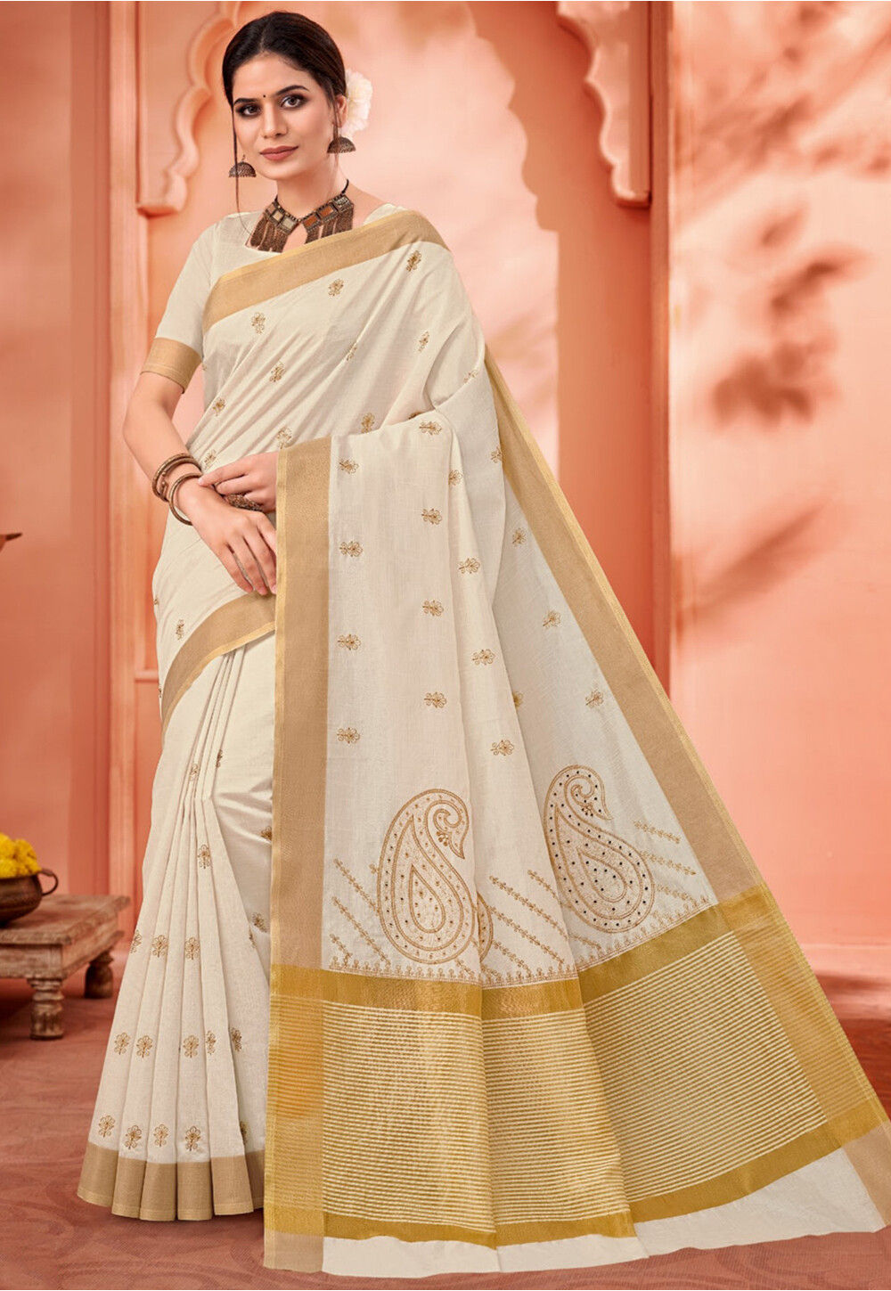 Buy Embroidered Cotton Saree in Off White Online SYC11848 Utsav Fashion