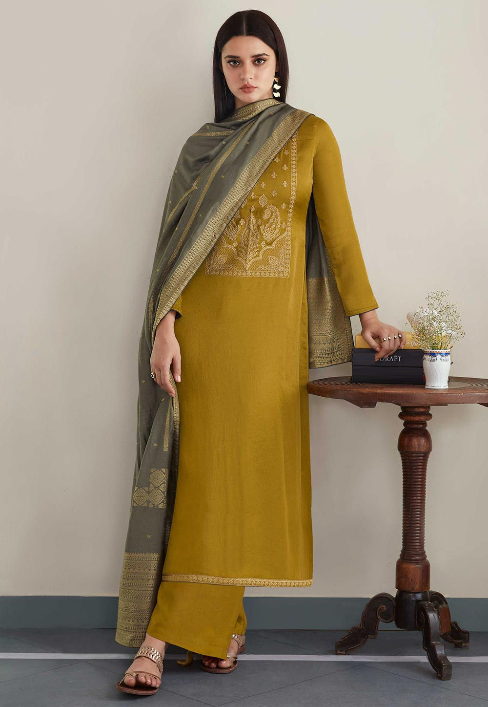 Embroidered Cotton Satin Pakistani Suit In Light Olive Green Kch6757 1052