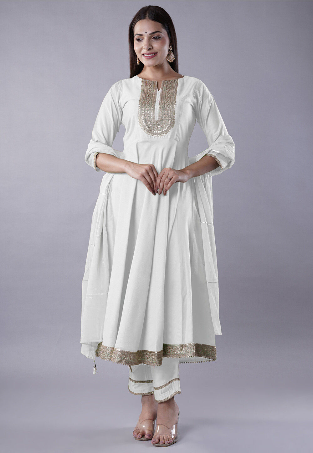 Moon White & Mehendi Pure Cotton A-line Office Wear Suit with Sleek Embroidery work on neck main image 0
