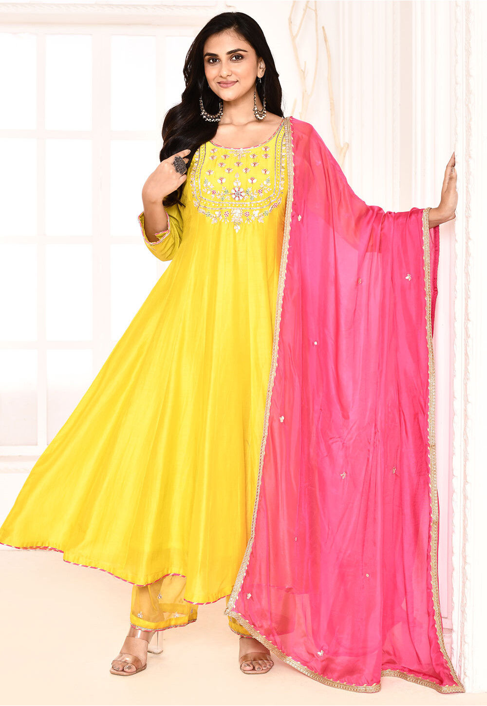 Yellow Mal Cotton Embroidered Semi Formal A-line Suit with Mal cotton Duppata main image 0