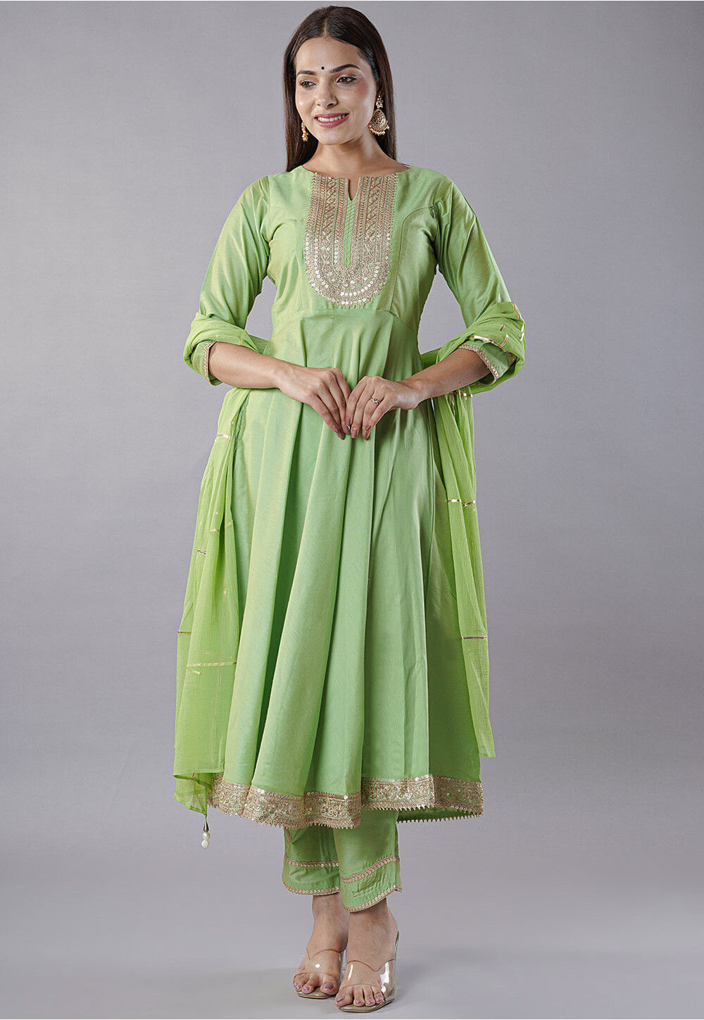 Buy Embroidered Cotton Silk Anarkali Suit in Parrot Green Online ...